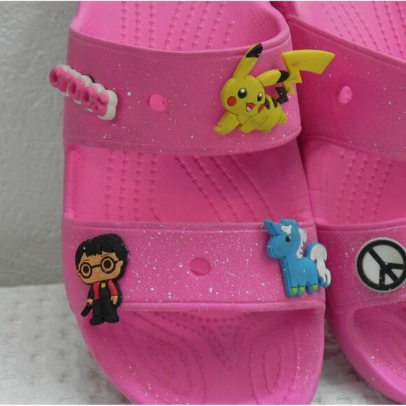 Pink Crocs Sandals With Fun Character Charms Size M5/W7 Lightweight Casual - Picture 9 of 11